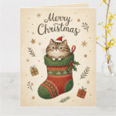 Carte Chat de Noël dans une chaussette (Fleur jaune)