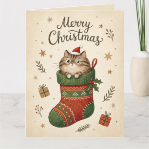 Carte Chat de Noël dans une chaussette