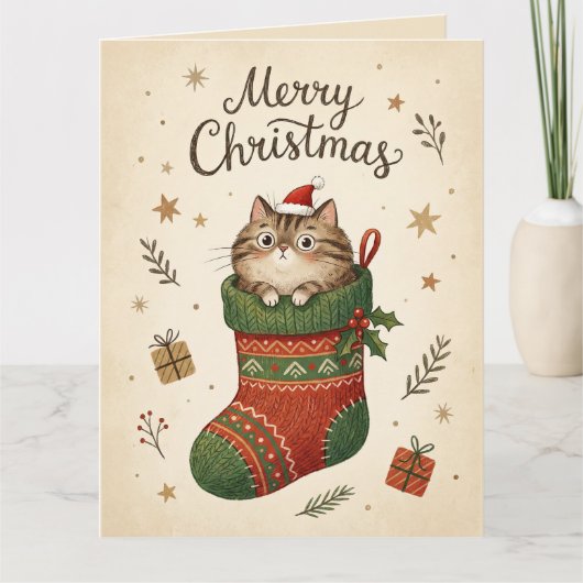 Carte Chat de Noël dans une chaussette (Devant)