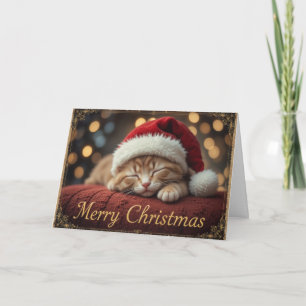 Carte Chat de Noël endormi avec un chapeau de Père Noël 
