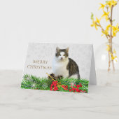 Carte Chat de Noël joyeux avec verdure de vacances (Fleur jaune)