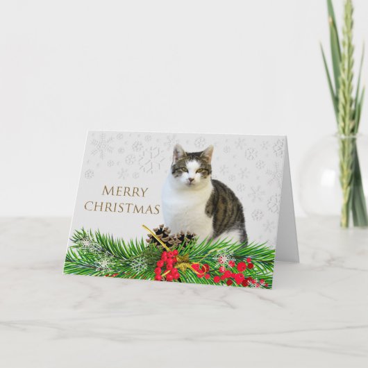 Carte Chat de Noël joyeux avec verdure de vacances (Devant)
