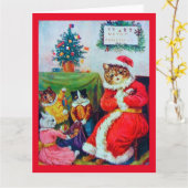 Carte Chat de Noël vintage, Louis Wain (Fleur jaune)