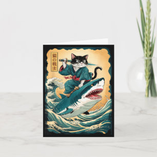 Carte Chat de samouraï drôle chevauchant un requin Chat