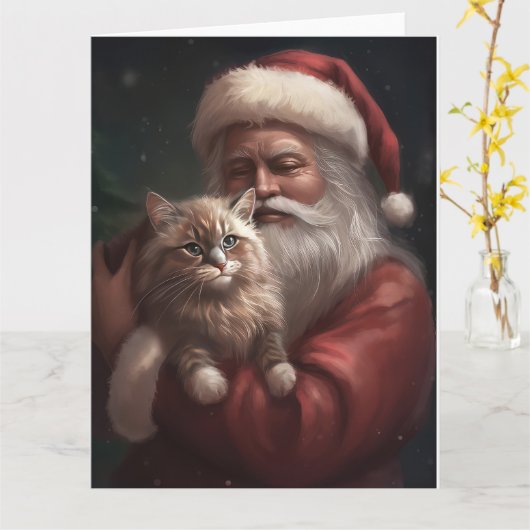 Carte Chat de Sibérie avec Noël Festif du Père Noël (Fleur jaune)