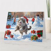 Carte Chat de Sibérie courant dans la neige avec Casquet (Devant)