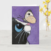 Carte Chat de smoking et peinture blanche de papillon (Fleur jaune)