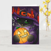 Carte Chat de sorcière noire Citrouille d'Halloween (Fleur jaune)