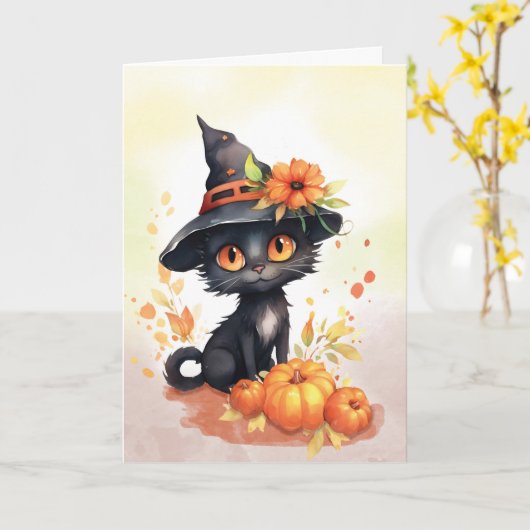 Carte Chat d'Halloween doux (Fleur jaune)