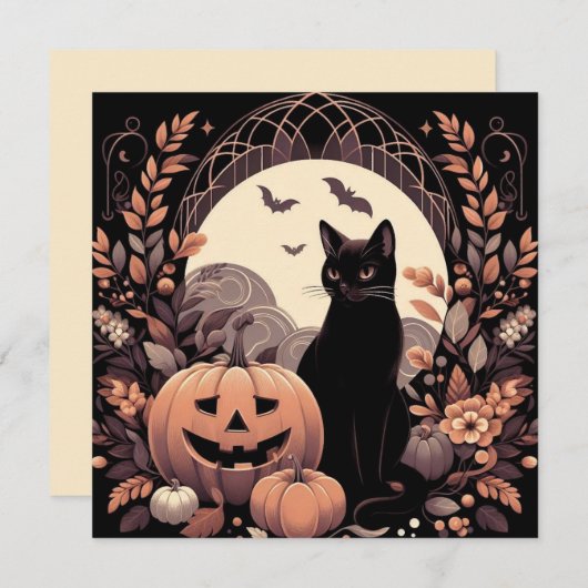 Carte Chat d'Halloween et citrouille effrayante (Devant / Derrière)
