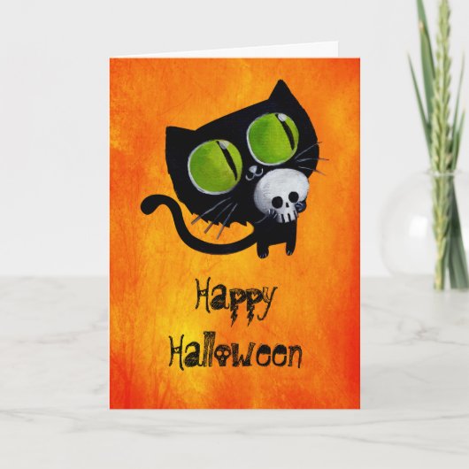 Carte Chat d'Halloween noir avec crâne (Devant)