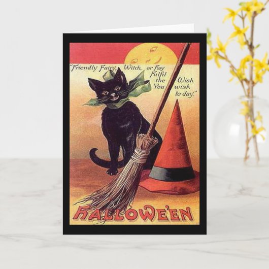 Carte Chat d'Halloween noir vintage (Fleur jaune)