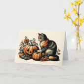Carte Chat d'Halloween vintage et Citrouille (Fleur jaune)