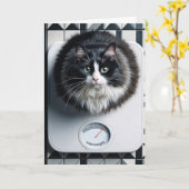 Carte Chat drôle de perte de poids sur une balance (Fleur jaune)