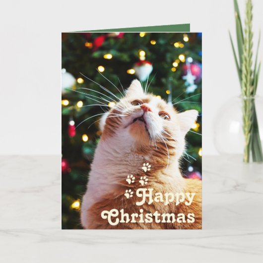 Carte Chat drôle et arbre vert&Joyeux Noël unique (Devant)