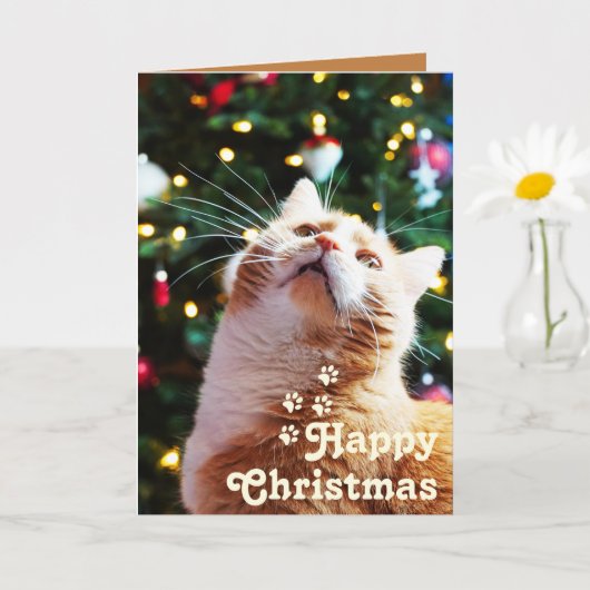 Carte Chat drôle et arbre vert&Noël heureux Unique (Petite plante)