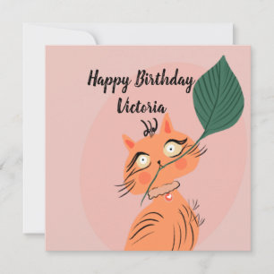 Carte Chat Drôle Feuille de Plante Dessin Animé Annivers