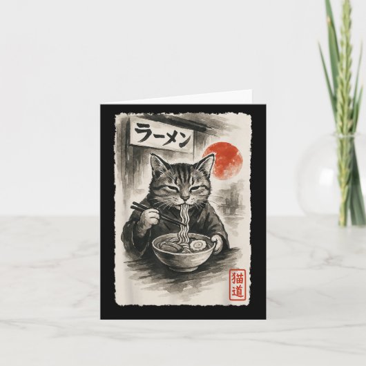 Carte Chat Drôle Mangeant des Nouilles Ramen Sumi-e Japo (Devant)