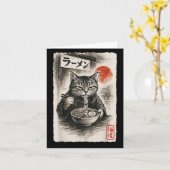 Carte Chat Drôle Mangeant des Nouilles Ramen Sumi-e Japo (Fleur jaune)
