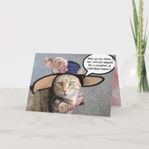 CARTE CHAT ÉLÉGANT AVEC GRAND CHAPEAU DE DIVA, ROSES ROS