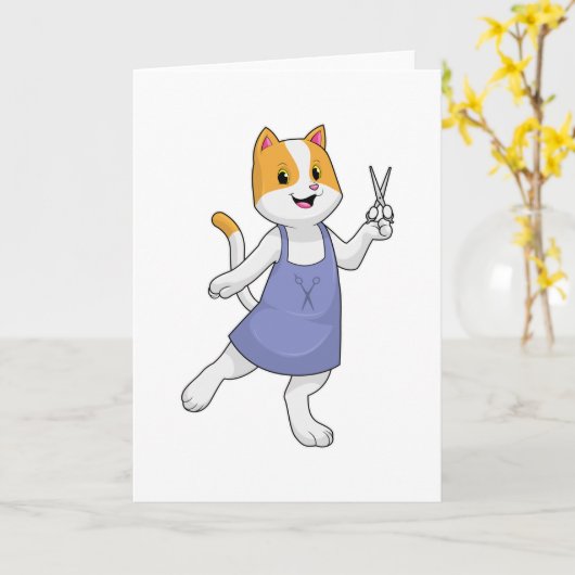 Carte Chat en coiffeur avec des ciseaux (Fleur jaune)