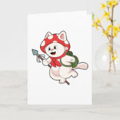 Carte Chat en cueilleur de champignons avec champignon (Fleur jaune)