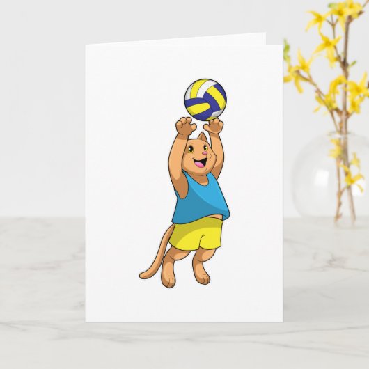 Carte Chat en joueur de volley-ball avec ballon de volle (Fleur jaune)