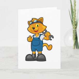 Carte Chat en mécanicien avec clé à écrou