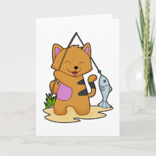 Carte Chat en pêcheur avec canne à pêche et poisson
