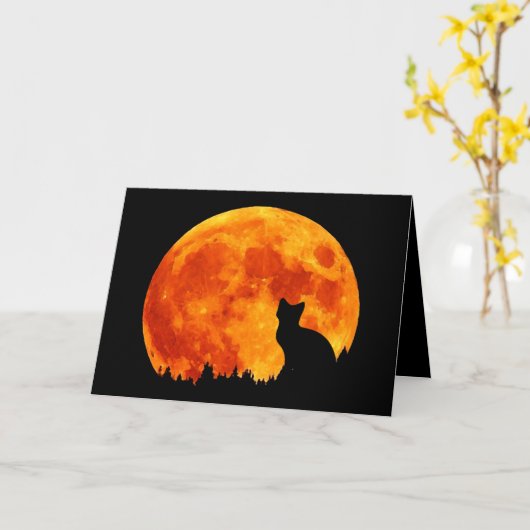 Carte Chat en pleine lune orange (Fleur jaune)