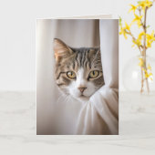 Carte Chat en rideau Humour d'anniversaire (Fleur jaune)