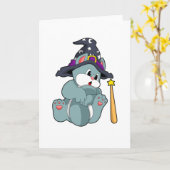 Carte Chat en sorcier avec baguette magique et chapeau (Fleur jaune)