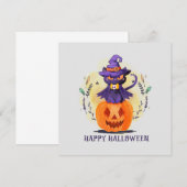 Carte Chat en sorcière violette sur Citrouille - Hallowe (Devant / Derrière)