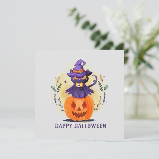 Carte Chat en sorcière violette sur Citrouille - Hallowe (Debout devant)