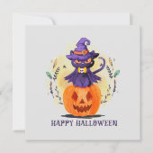 Carte Chat en sorcière violette sur Citrouille - Hallowe (Devant)