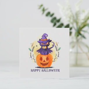 Carte Chat en sorcière violette sur Citrouille - Hallowe