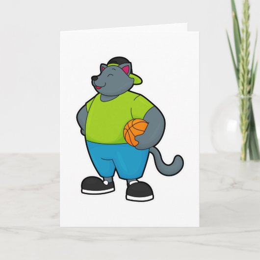 Carte Chat en tant que joueur de basket-ball avec ballon (Devant)