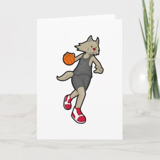 Carte Chat en tant que joueur de basket-ball avec ballon (Devant)