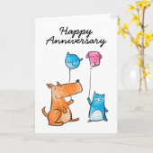 Carte Chat et chien avec Balloons Anniversaire Card (Fleur jaune)