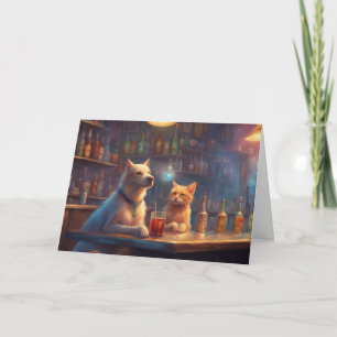 Carte Chat et chien dans un bar discutant des choses pou