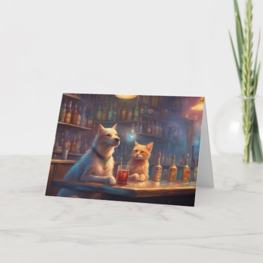 Carte Chat et chien dans un bar qui parle de l'anniversa (Devant)