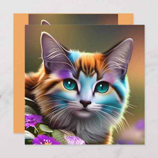 Carte chat et fleurs bleu et rouille calico (Devant / Derrière)