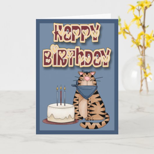 Carte Chat et gâteau Joyeux anniversaire (Fleur jaune)
