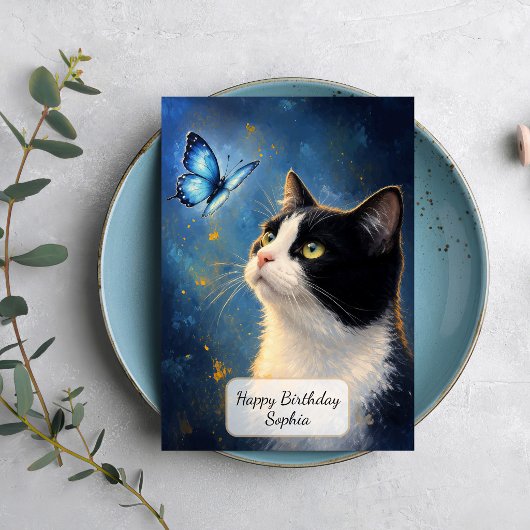 Carte Chat et papillon bleu
