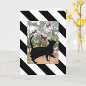 Carte Chat et papillon noir, blanc rayé anniversaire (Fleur jaune)