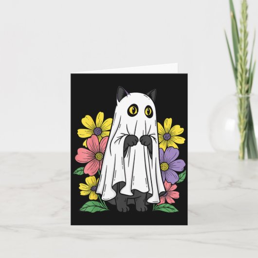 Carte Chat fantôme d'Halloween Chat noir mignon Fleurs (Devant)
