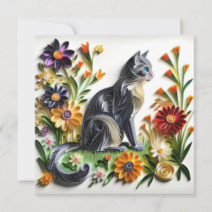 Carte Chat Faux Papier Quilling Chat et Fleurs