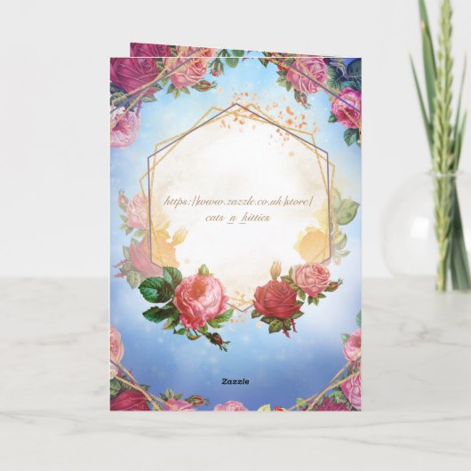 Carte Chat floral de rose d'été cérémoniel doré (Dos)