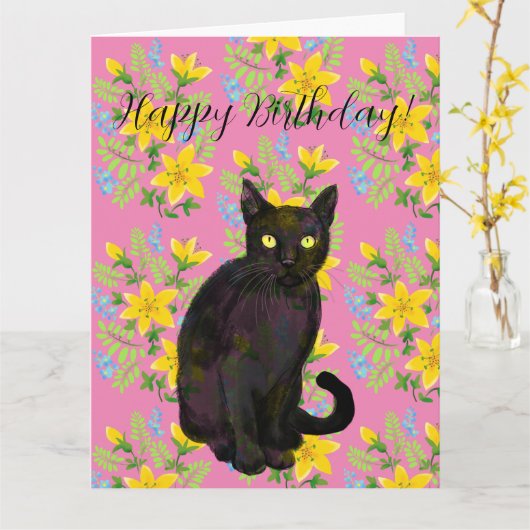 Carte chat floral noir (Fleur jaune)