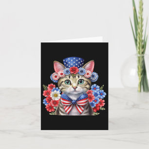 Carte Chat floral Patriotique 4 juillet Rouge Blanc Bleu